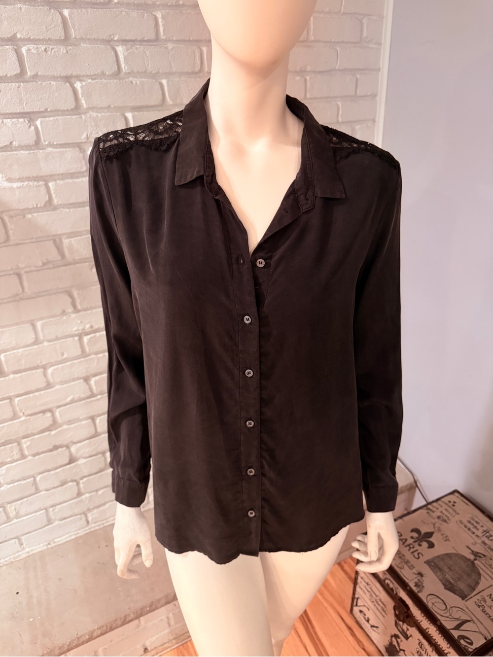 Sézane Black Silk Lace Yoke Button Front Blouse Size 44 French Chic - Picture 3 of 16